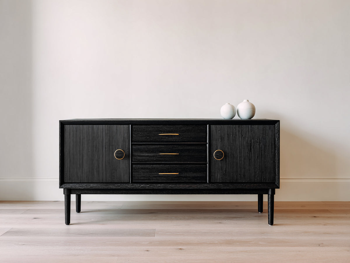 Mueble recibidor de madera 160x42x82 cm - negro-dorado - aparador con 2 puertas y 3 cajones