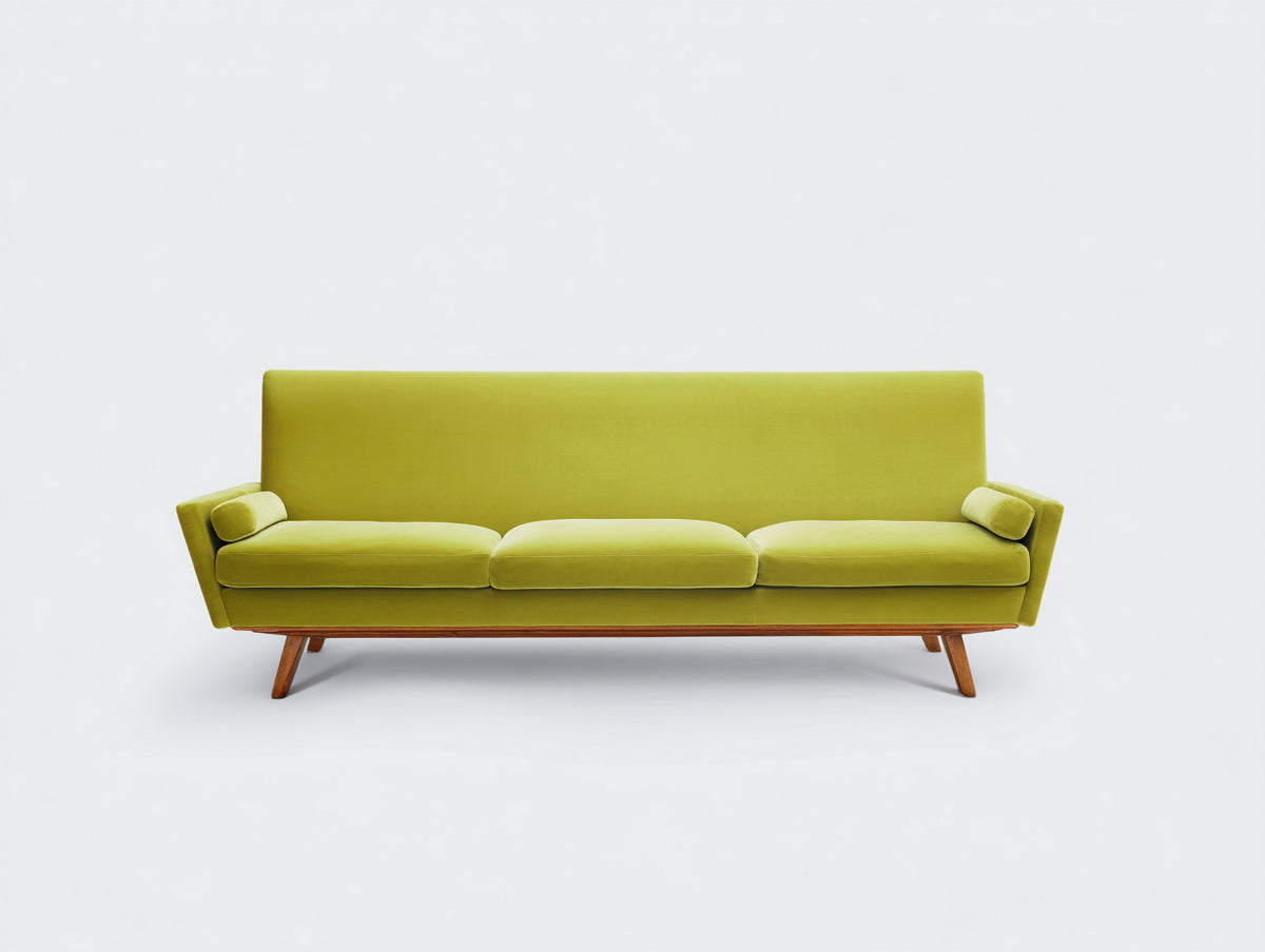 Sofás lineales tapizados en tela verde lima 225x86x78 cm - patas de madera natural - diseño moderno para salón