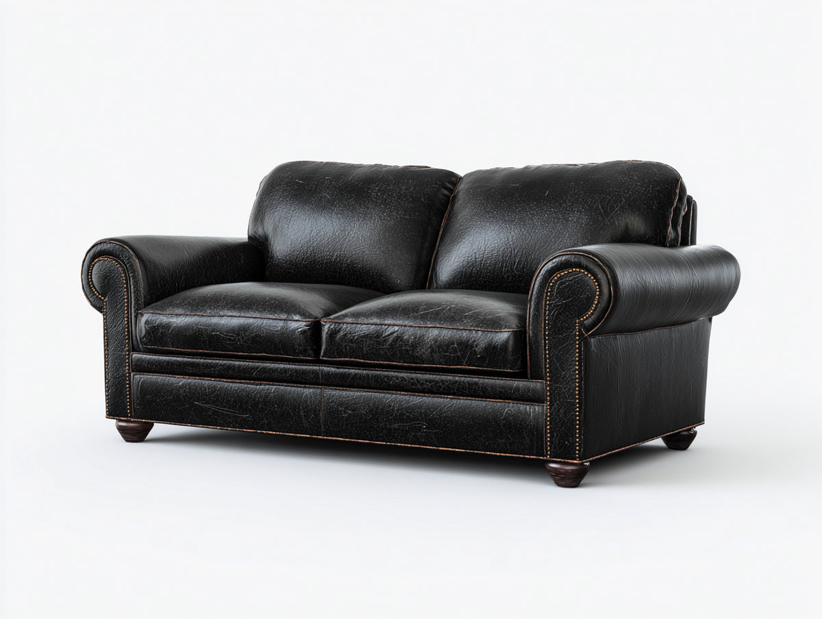Sofás lineales tapizados 190x90x82 cm - efecto piel negro - brazos enrollados clásicos