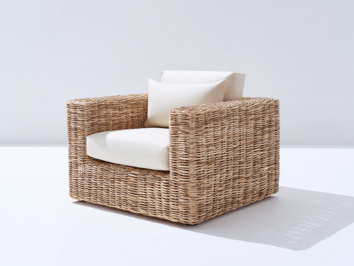 Polyrattan Gartensessel 85x80x75 cm Naturfarben mit Geflecht gepolsterter Sitzfläche moderner Gartenstuhl Outdoor Sessel