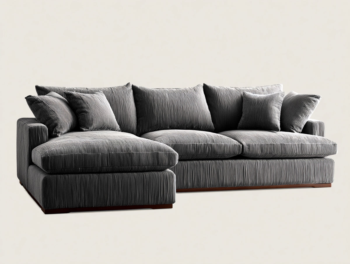 Sofás de esquina de pana acanalada 310x170x86 cm - gris oscuro - diseño amplio con módulo de descanso