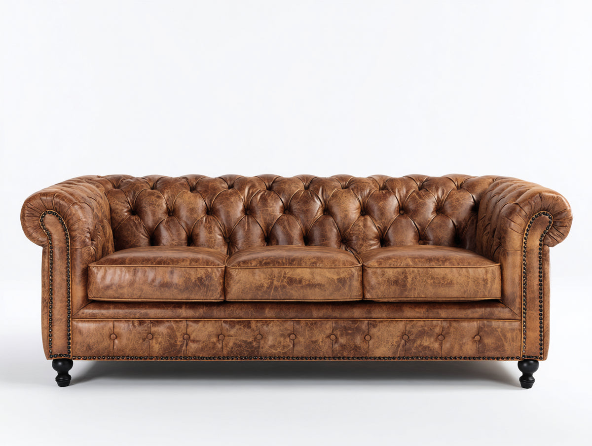 3 Sitzer Sofa 230x90x75 cm - Kunstleder in Braun - Chesterfield Stil für Wohnzimmer