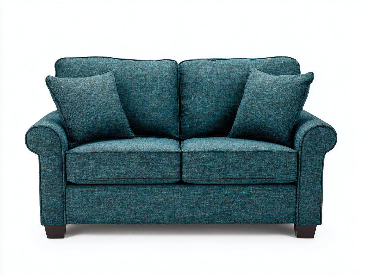 Sofás lineales de 2 plazas en tela turquesa con patas de madera 170 x 88 x 82 cm - estilo clásico con brazos enrollados