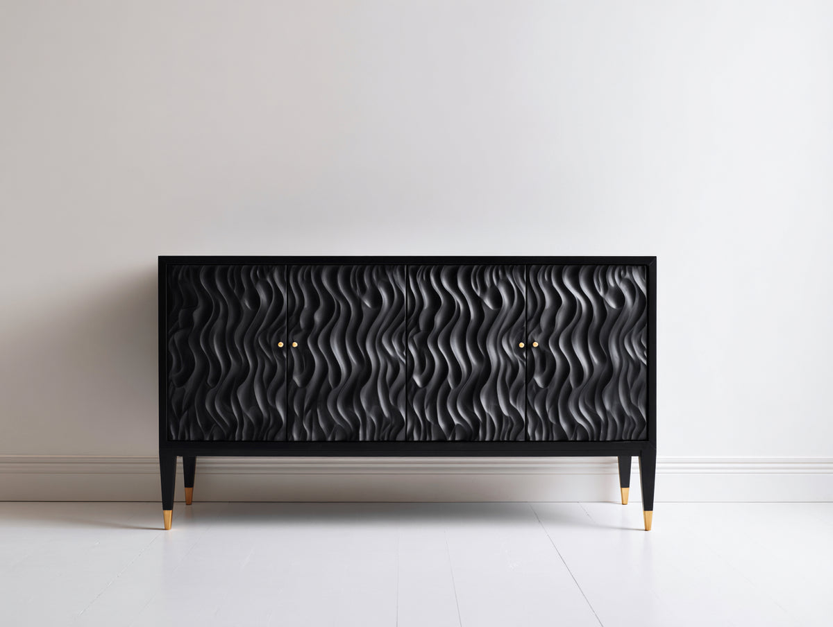 Mueble recibidor de madera 160x42x88 cm - negro - diseño moderno con 4 puertas texturizadas y detalles dorados