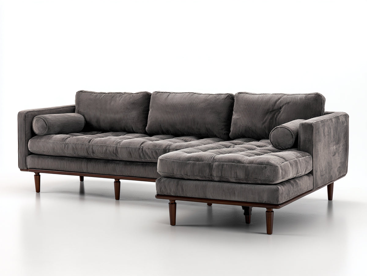 Sofá de esquina de 4 plazas tapizado en pana 300 x 175 x 88 cm - gris oscuro - asiento acolchado con chaise longue y patas de madera para salón - diseño moderno