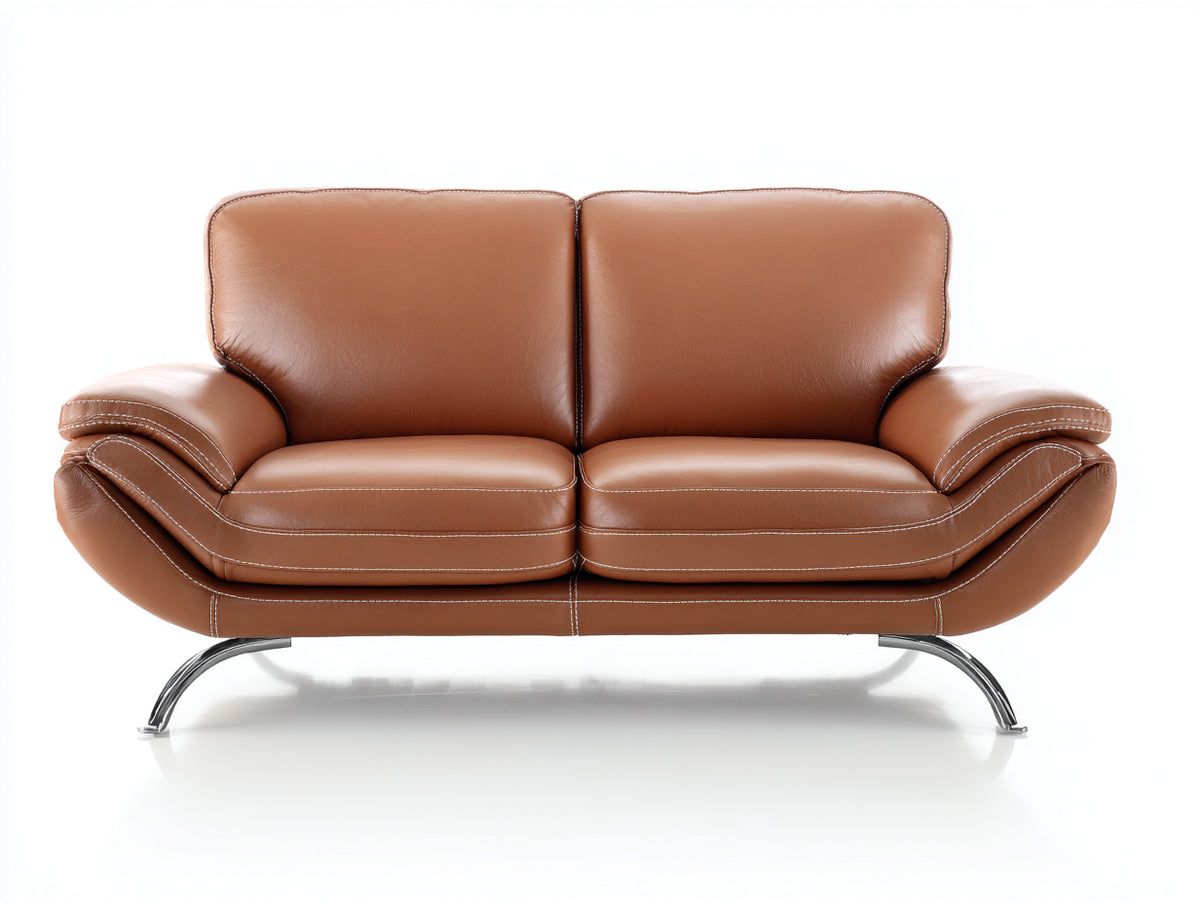 Sofás 2 plazas de cuero 188 x 93 x 87 cm - Marrón coñac y cromado - Diseño contemporáneo con brazos curvos