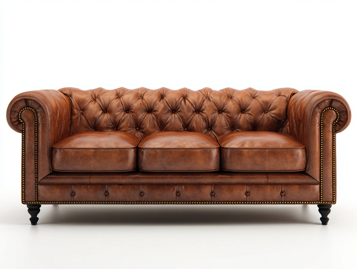 3 Sitzer Sofas Leder 220x95x78 cm - Cognacbraun - Chesterfield Stil mit Knopfheftung