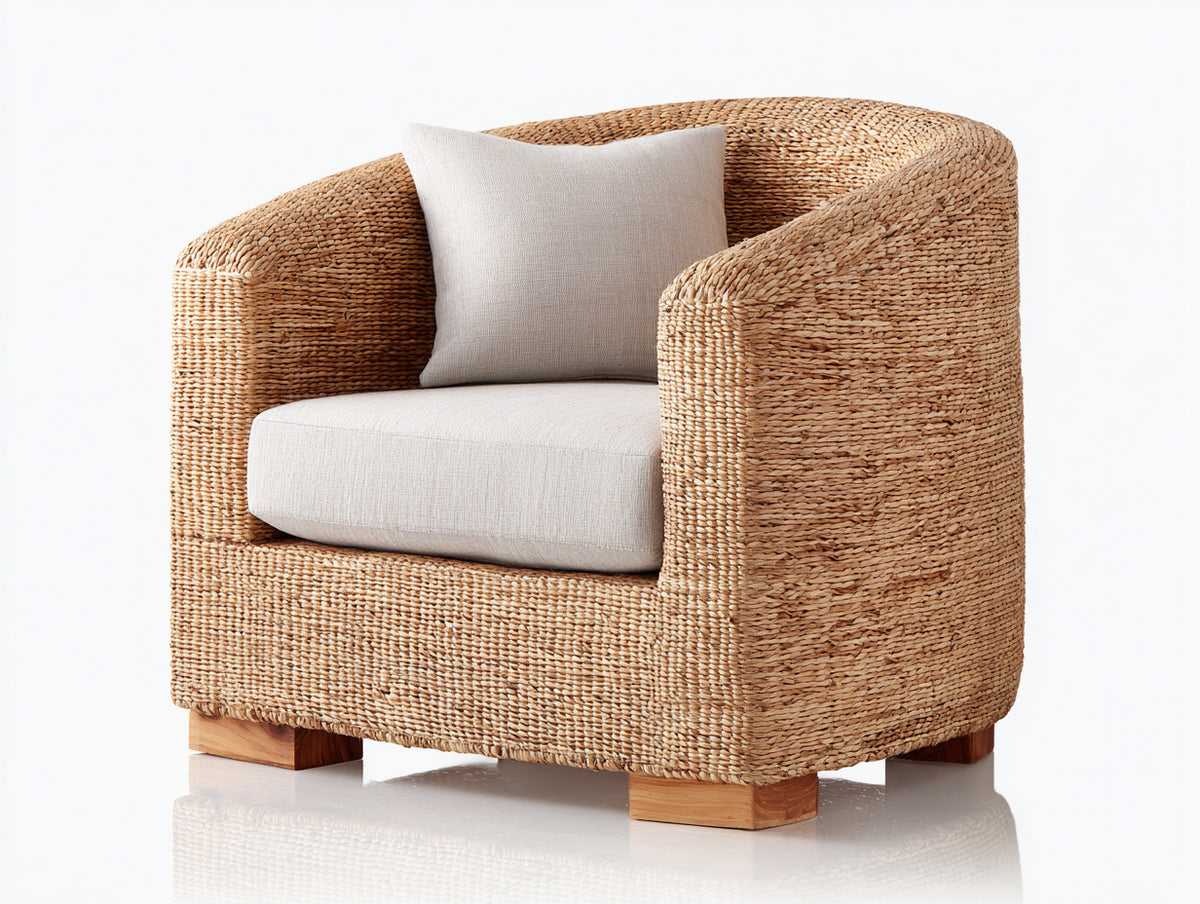Sillones de ratán natural 95x90x80 cm - color beige natural - diseño envolvente para jardín y terraza