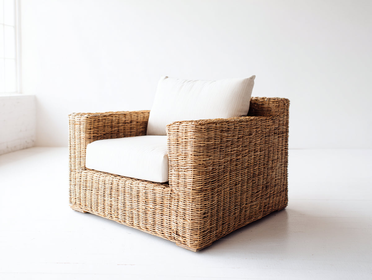 Polyrattan Gartensessel 85x80x75 cm - Polyrattan in Naturholzoptik mit weißer Sitzfläche - moderner Gartenstuhl