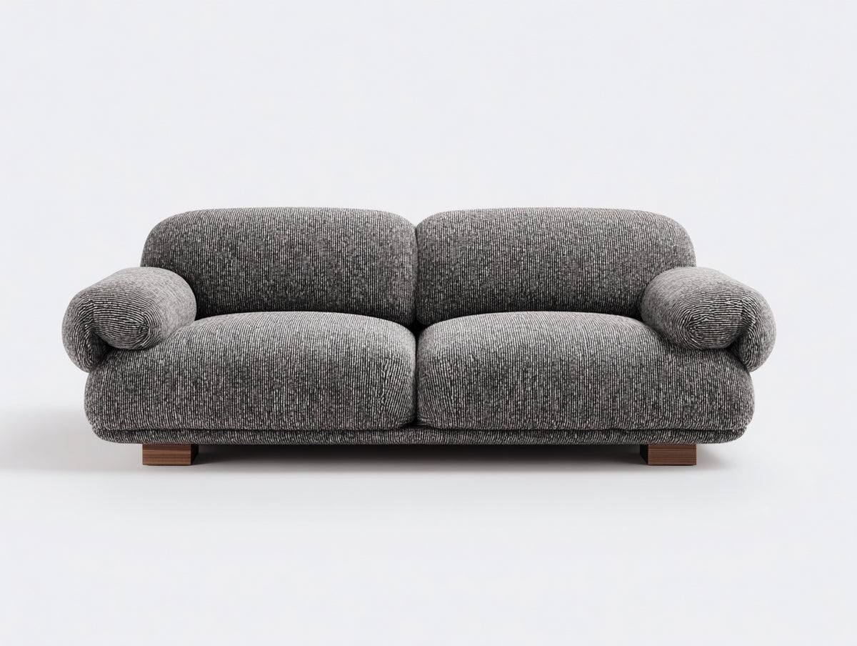 Sofás lineales tejido texturizado 218x92x72 cm - Gris jaspeado y nogal - diseño de brazos redondeados para salón