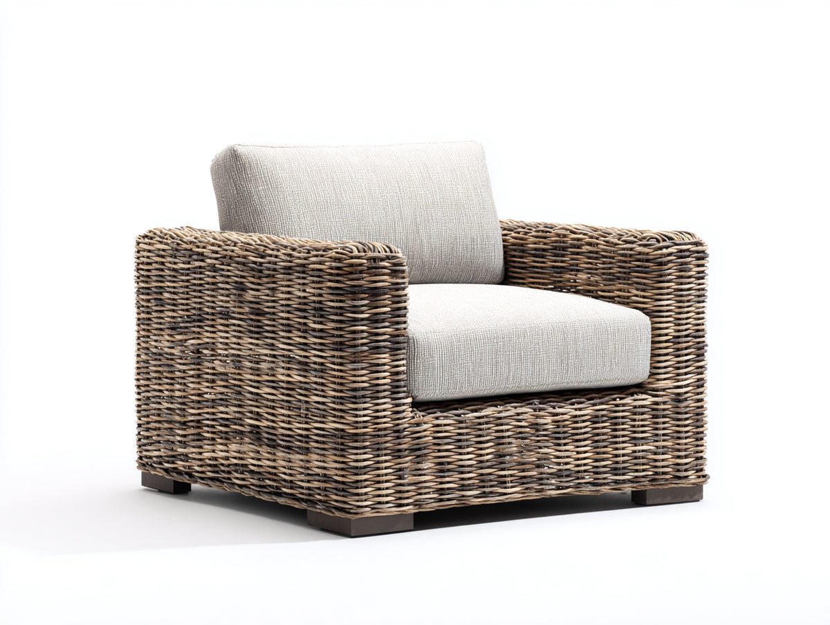 Sillón de ratán tejido 88x85x80 cm - Marrón grisáceo beige claro y marrón oscuro - Estructura envolvente con asiento acolchado