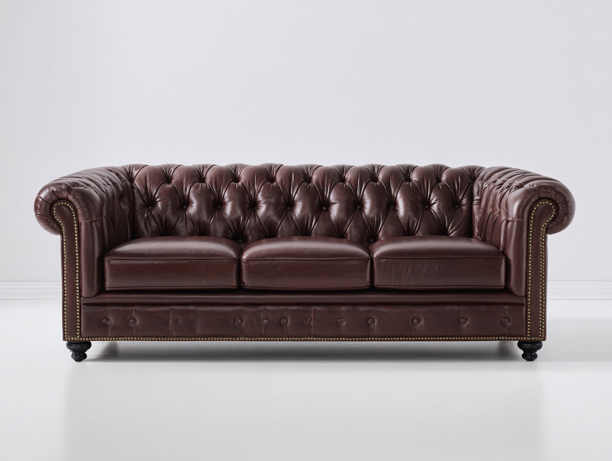 3 Sitzer Sofa Echtleder 230x90x75 cm Dunkelbraun Chesterfield Stil gepolstert klassisches Wohnzimmer Sofa