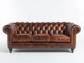 Sofás 3 plazas tapizados 225 x 95 x 80 cm - Marrón envejecido y dorado - Estilo Chesterfield con capitoné y brazos enrollados