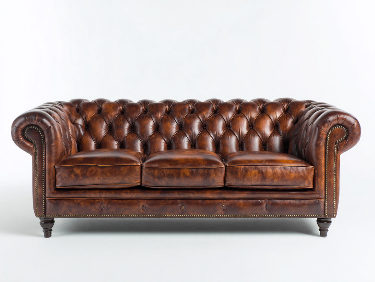 Sofás 3 plazas tapizados 225 x 95 x 80 cm - Marrón envejecido y dorado - Estilo Chesterfield con capitoné y brazos enrollados