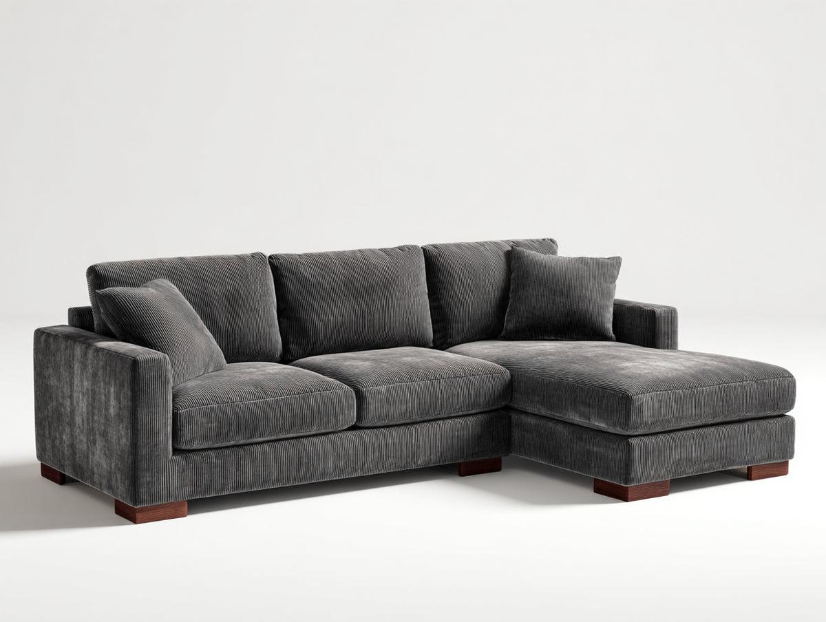 Sofás de esquina en L tapizados en pana 285x170x88 cm gris oscuro estilo moderno para salón