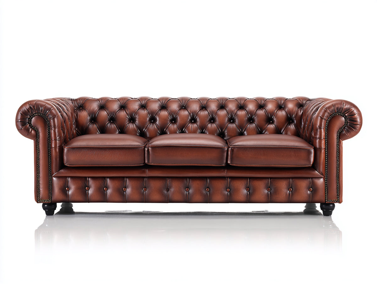 3 Sitzer Sofas Leder 228x97x78 cm - Rotbraun - Chesterfield Stil mit Knopfheftung