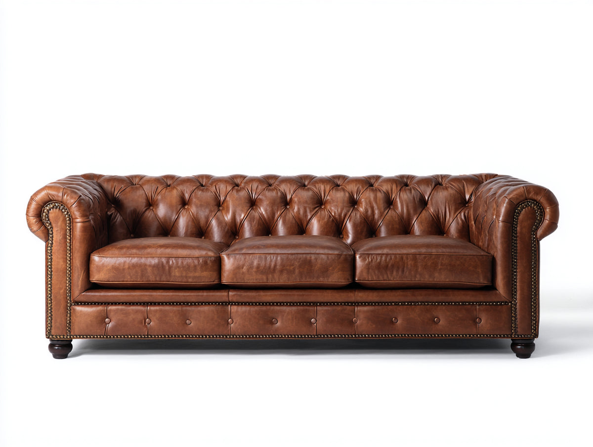 3 Sitzer Sofa Echtleder 230x90x75 cm Braun Chesterfield Stil gepolstert klassisches Wohnzimmer Sofa