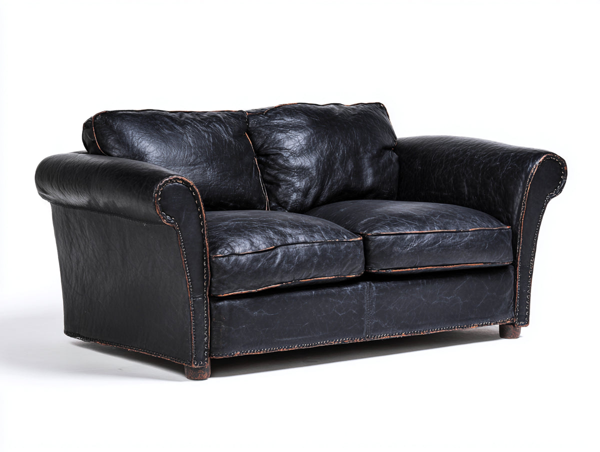 Sofás lineales de 2 plazas tapizado en polipiel negra envejecida 185 x 88 x 82 cm - estilo clásico con brazos enrollados