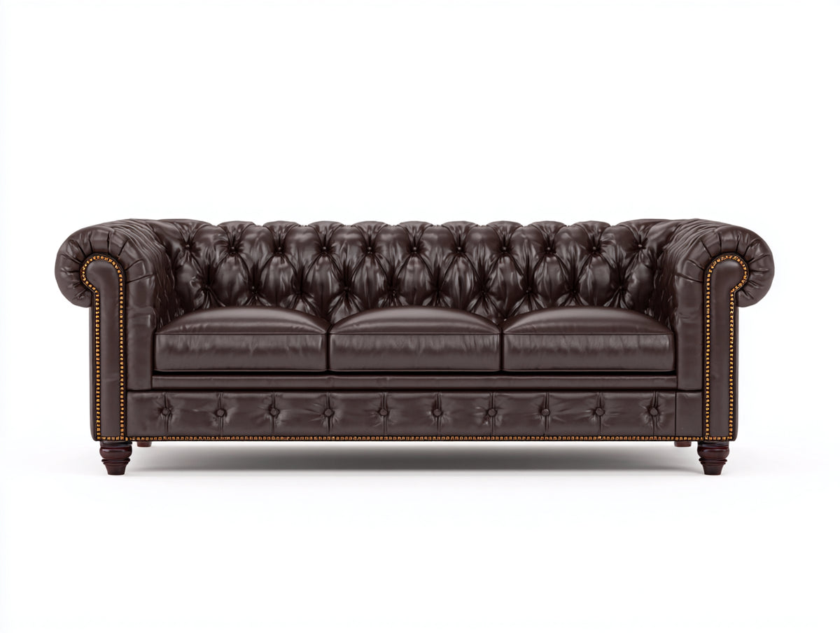 3 Sitzer Sofas Leder 230x98x79 cm - Dunkelbraun - Chesterfield Stil mit Knopfheftung