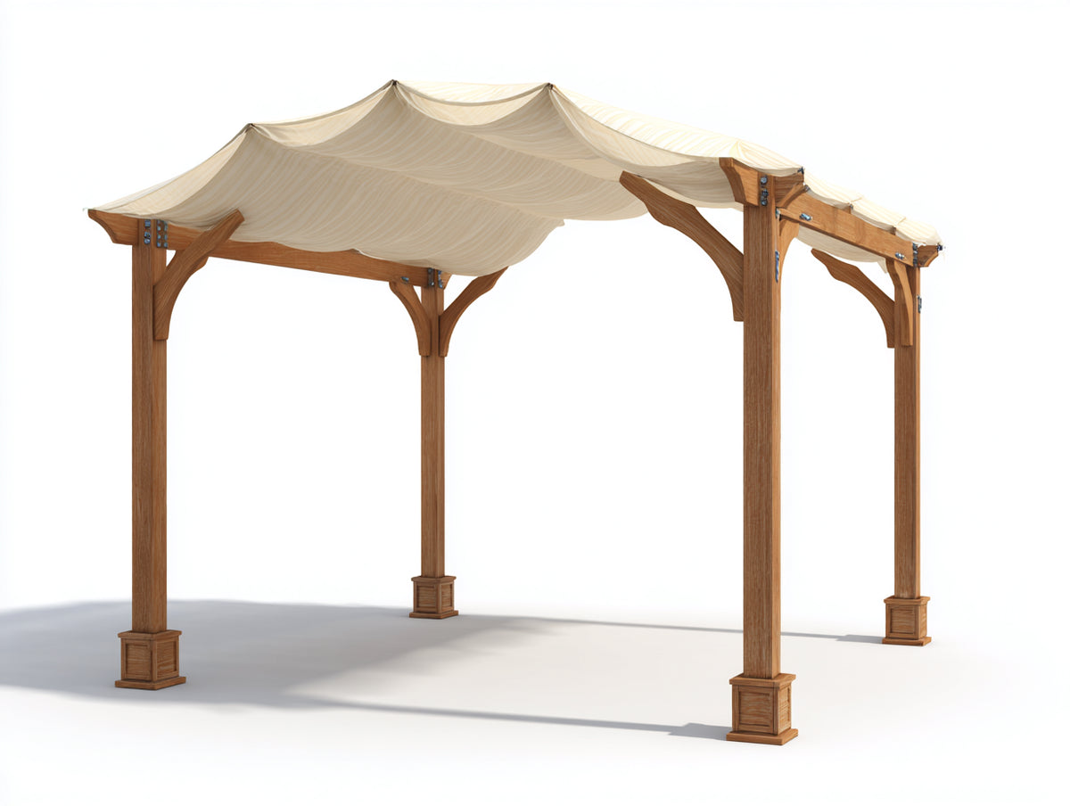 Sonnenschutz Holz 360x300x250 cm - Naturbraun-Cremeweiß - Freistehende Pergola mit Stoffdach