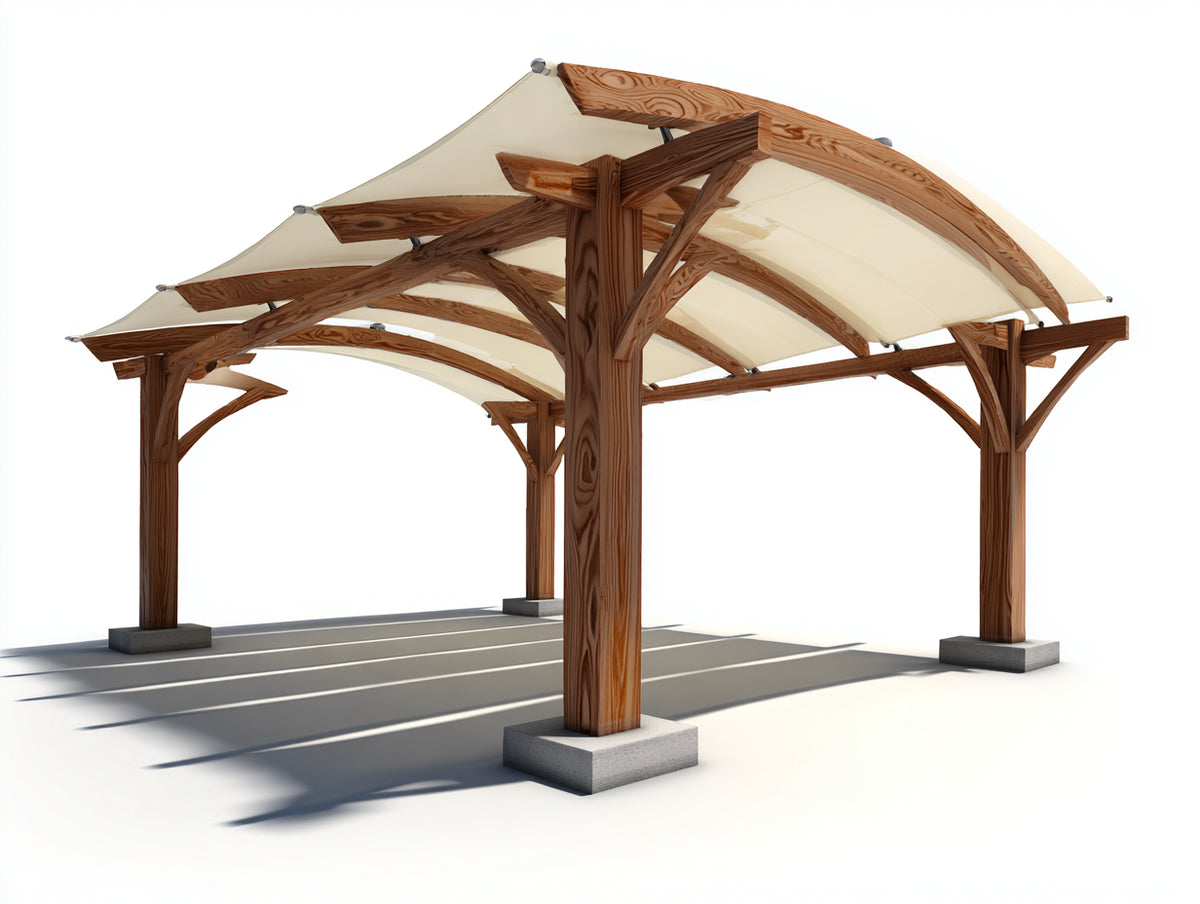 Sonnenschutz Holz 400x300x250 cm - Naturbraun-Cremeweiß - Freistehende Pergola mit gewölbtem Stoffdach