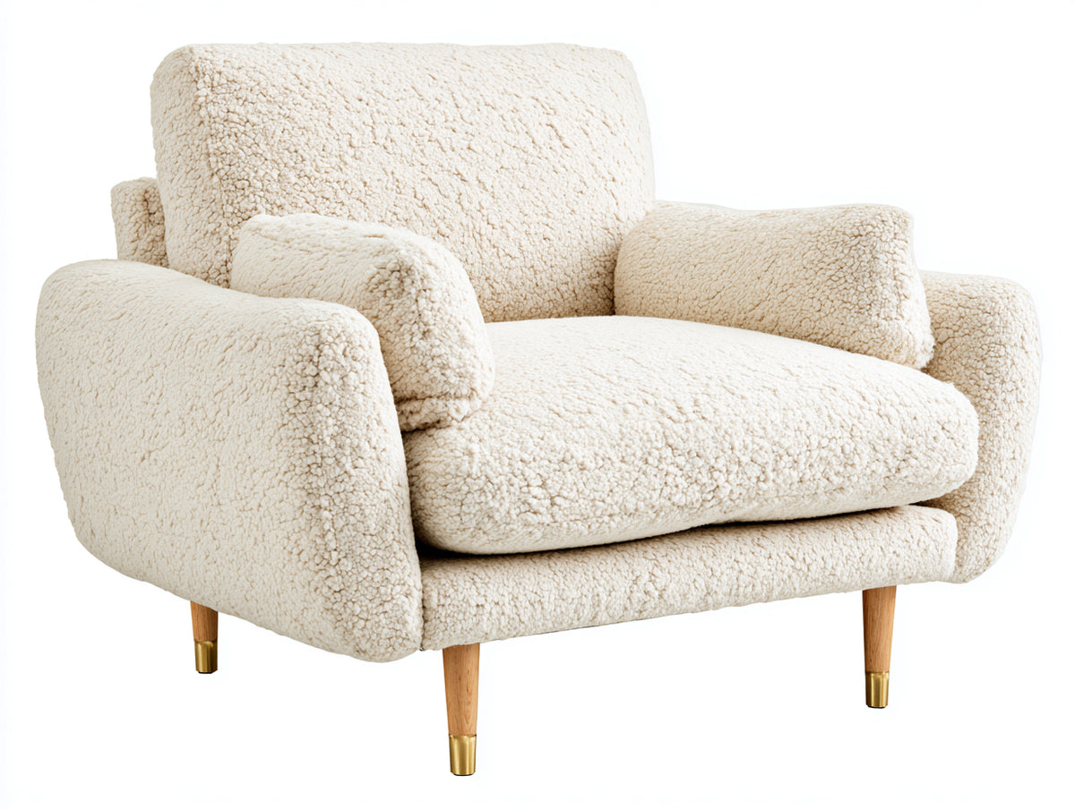 Sessel Bouclé Stoff 105x92x88 cm - Cremeweiß - Gepolsterter Loungesessel mit Holzfüßen