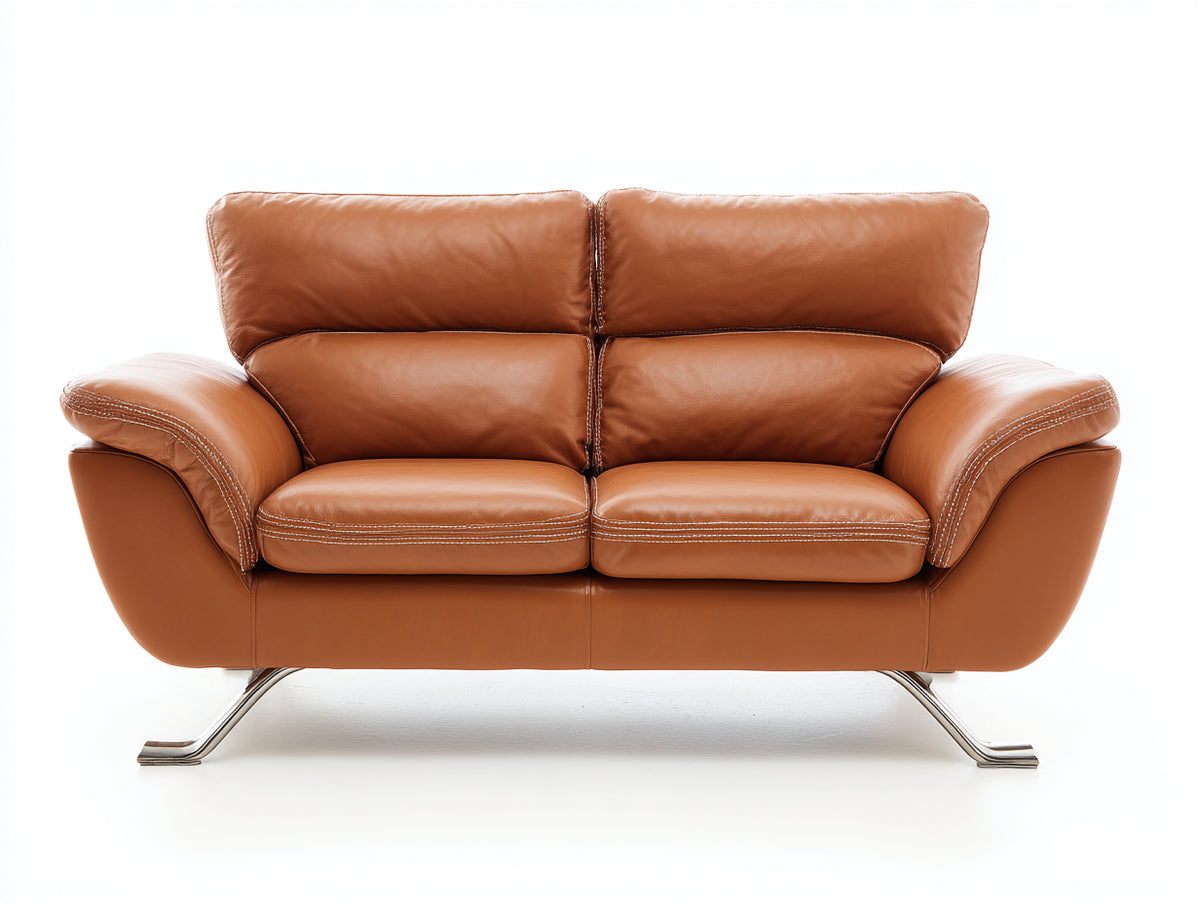 Sofás 2 plazas de cuero 200x95x92 cm - marrón coñac y cromo - diseño moderno con respaldo alto y brazos acolchados